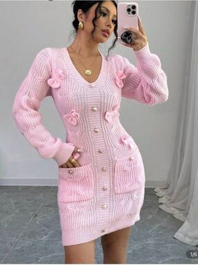 Pink Knit Button-Front Bow Pocket Sweater Dress